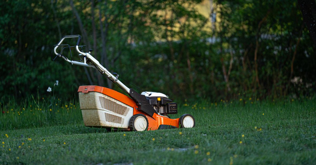 A lawn mower sits on a green lawn in a backyard, ready for yard work.